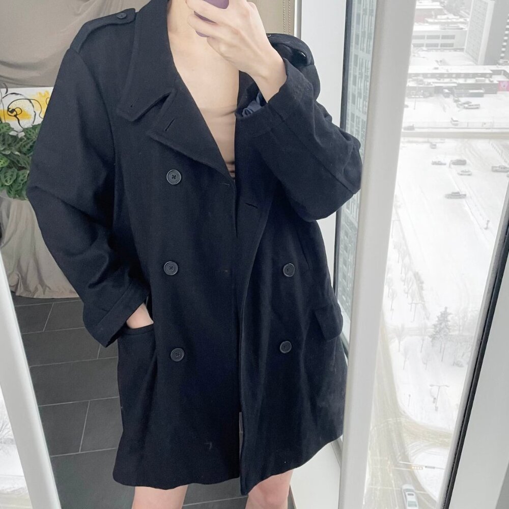 Vintage Wool Blend Jacket / Black Double Breasted Wool Coat / Size Large